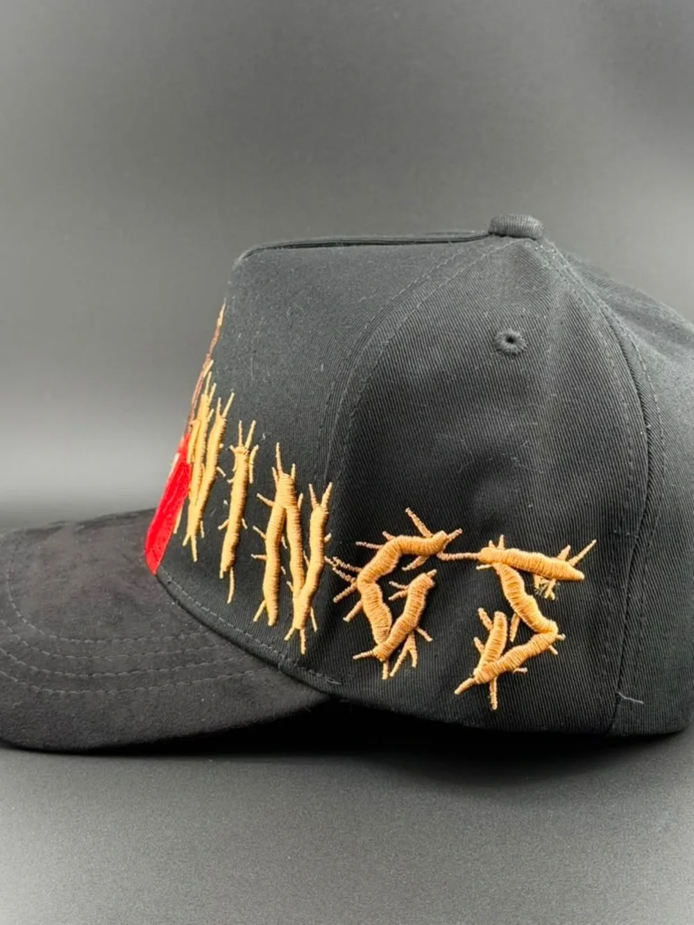 Black Embroidered Jesus Snapback Hat with Red Accent